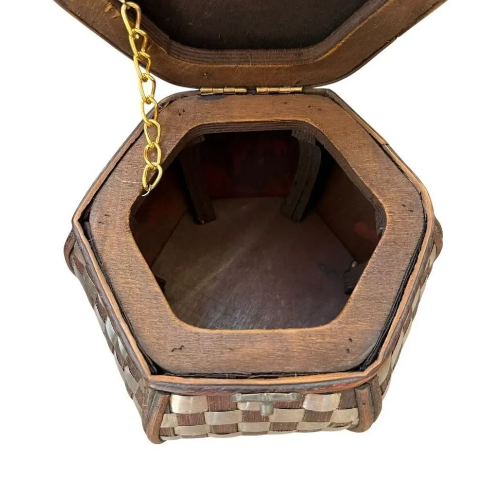 Vintage Bamboo Metal Inlay Decorative Storage Box – Handcrafted Hexagon Trinket